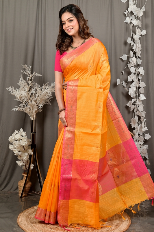 Yellow Pink Cotton Blend Daymin Hand Loom Saree (1901)