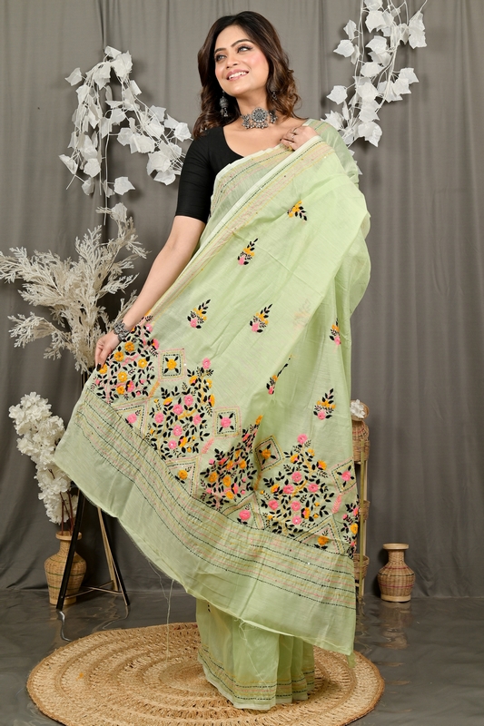 Lime Green Cotton Blend Dayki Kantha Stitch Saree (1902)