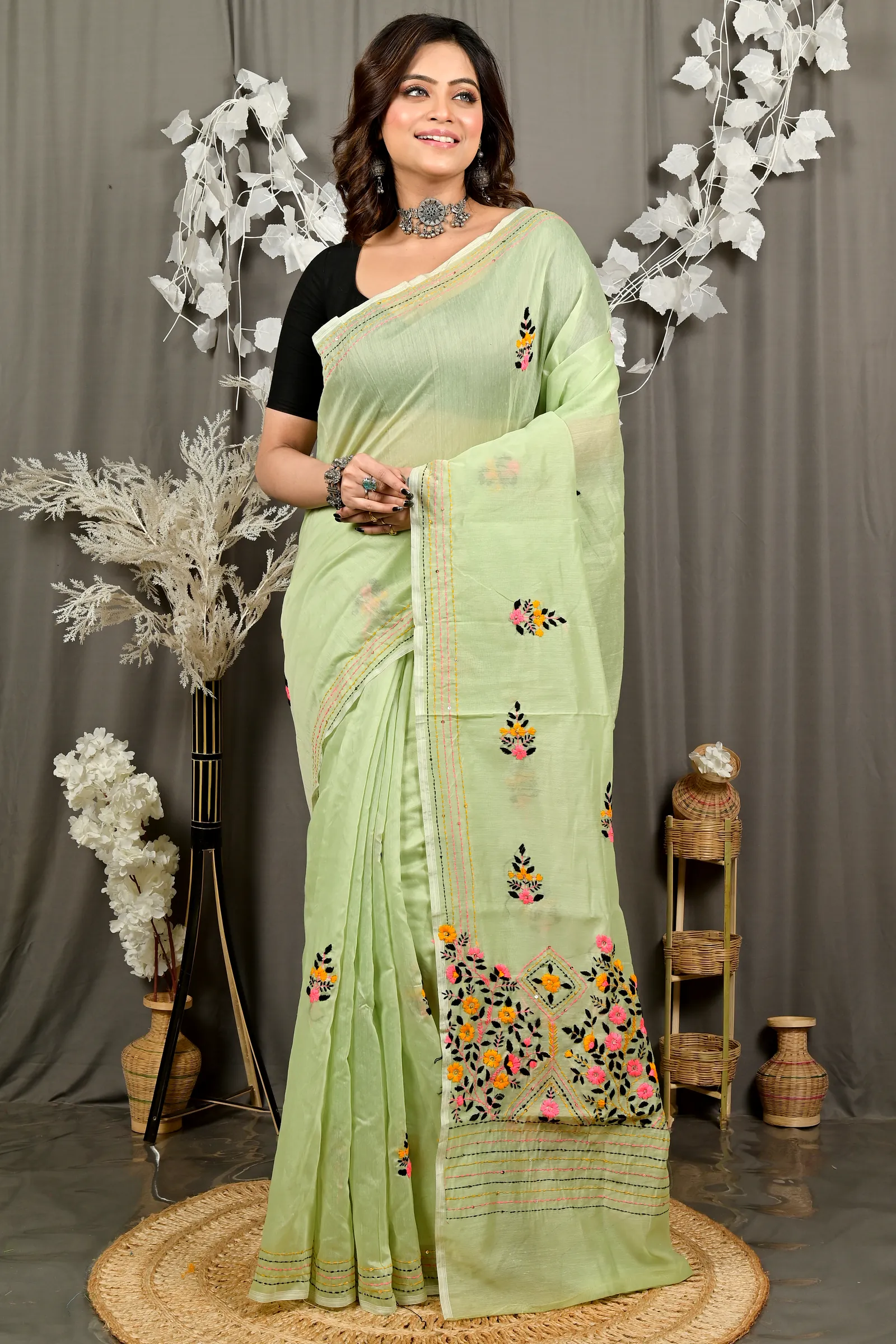 Lime Green Cotton Blend Dayki Kantha Stitch Saree (1902)