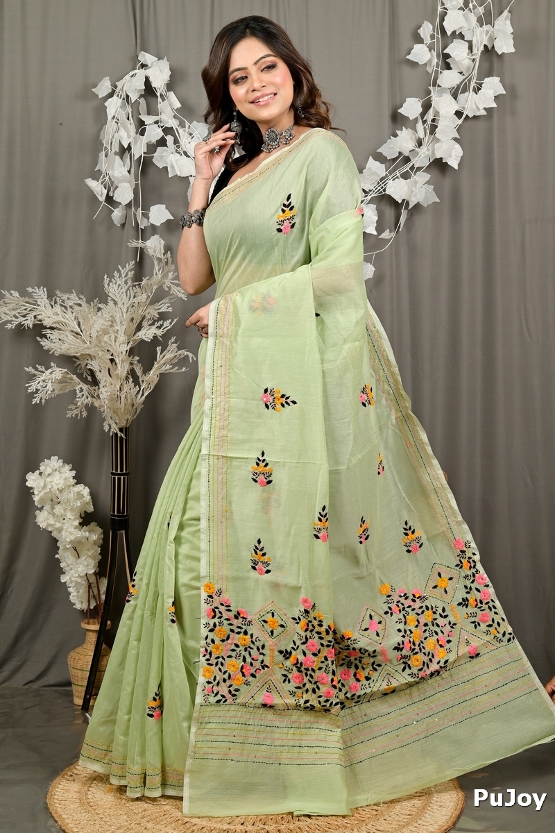 Lime Green Cotton Blend Dayki Kantha Stitch Saree (1902)