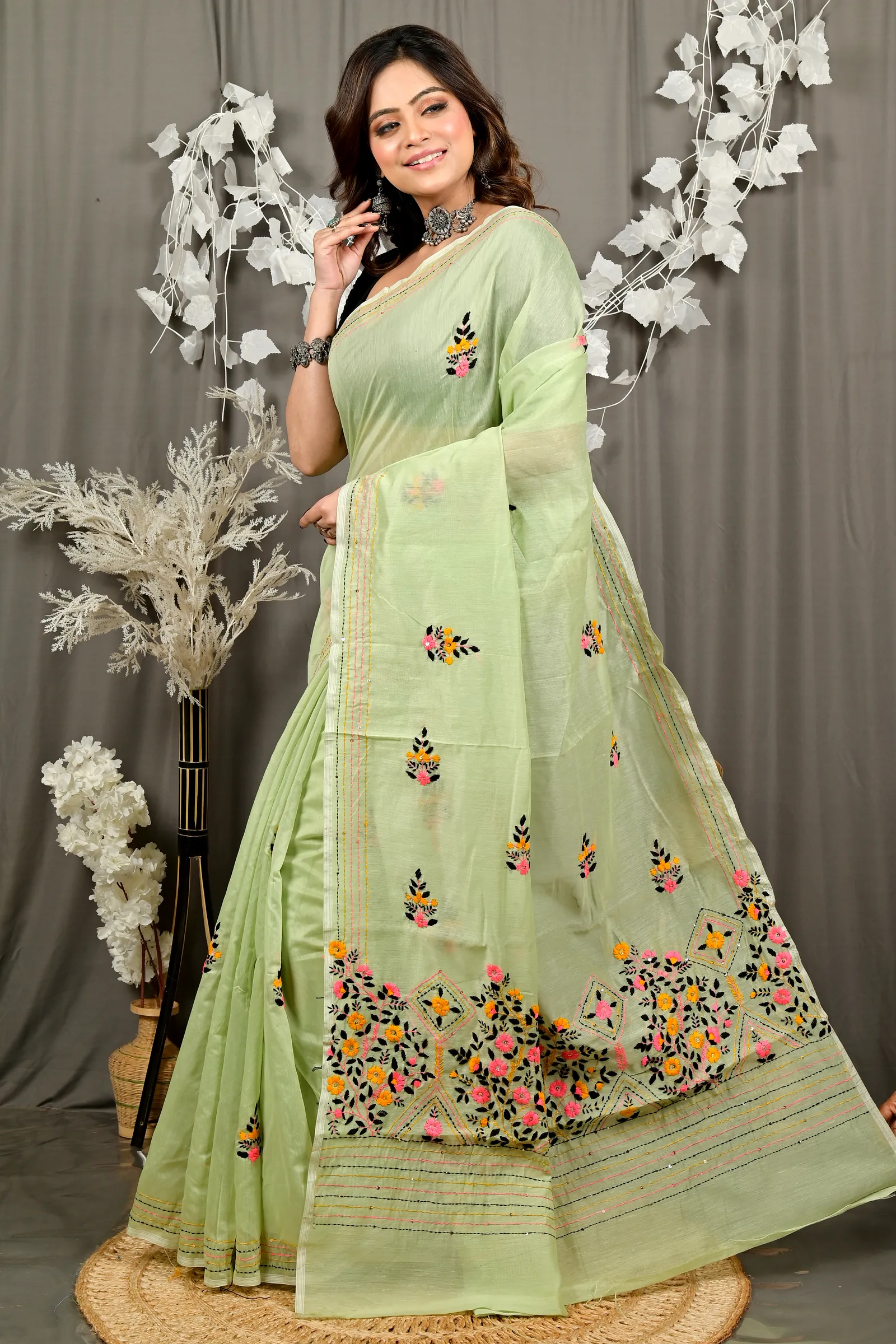 Lime Green Cotton Blend Dayki Kantha Stitch Saree (1902)