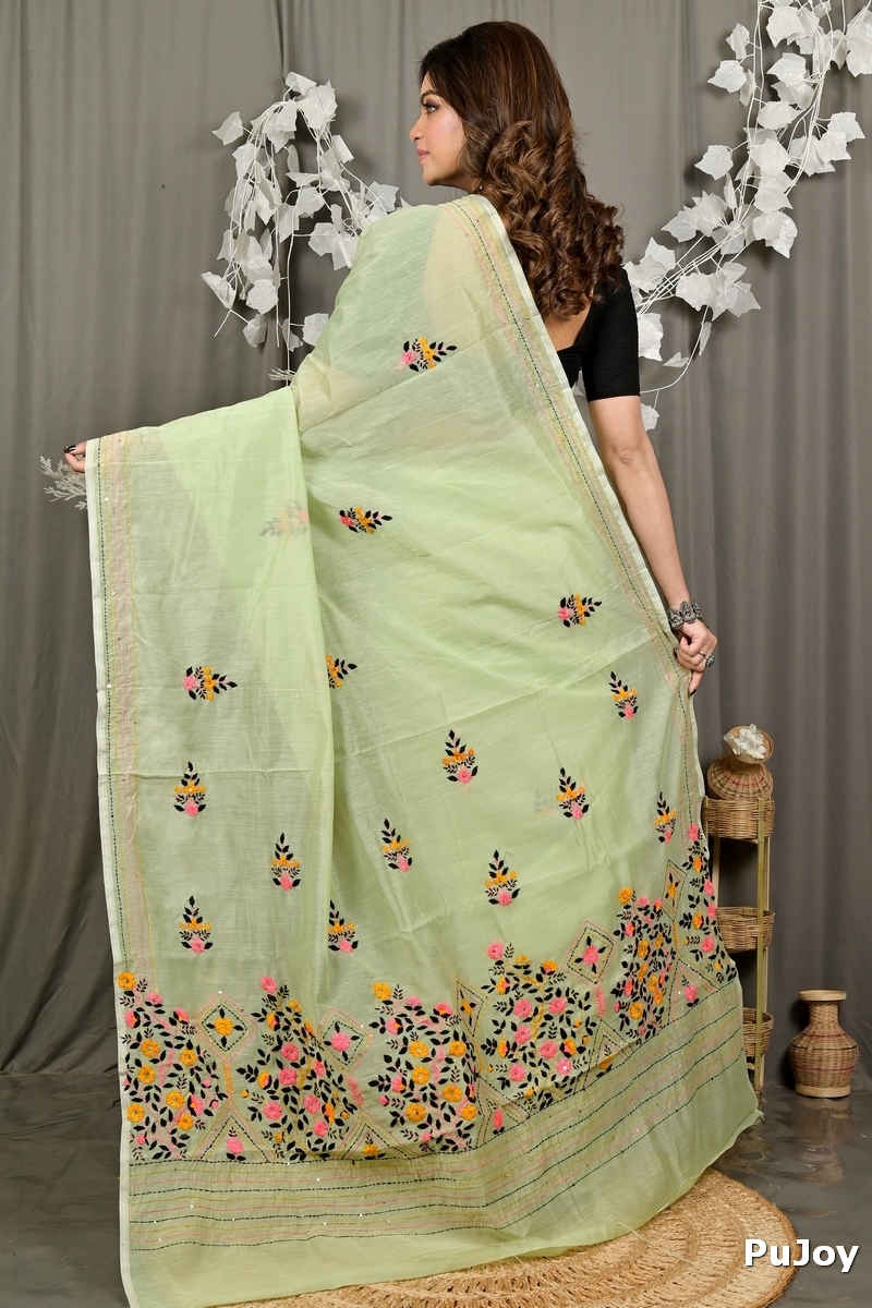 Lime Green Cotton Blend Dayki Kantha Stitch Saree (1902)