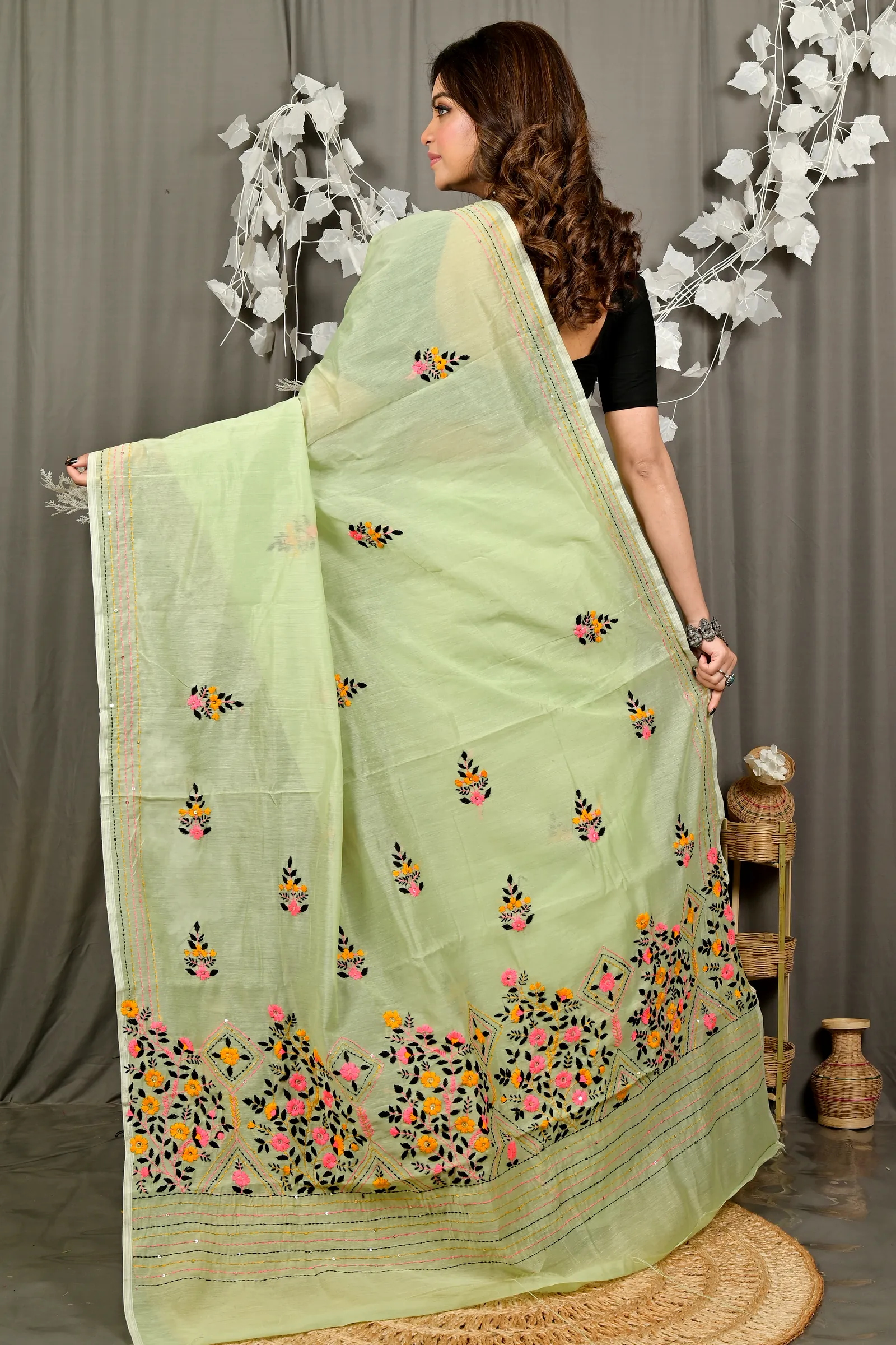 Lime Green Cotton Blend Dayki Kantha Stitch Saree (1902)