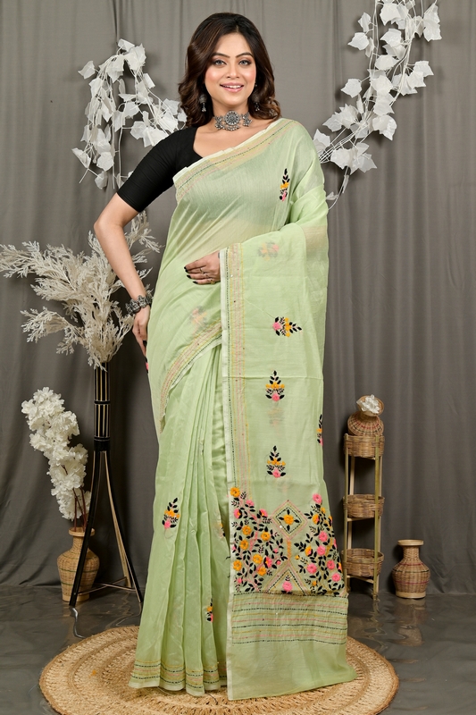 Lime Green Cotton Blend Dayki Kantha Stitch Saree (1902)