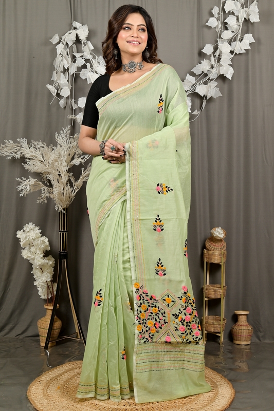 Lime Green Cotton Blend Dayki Kantha Stitch Saree (1902)