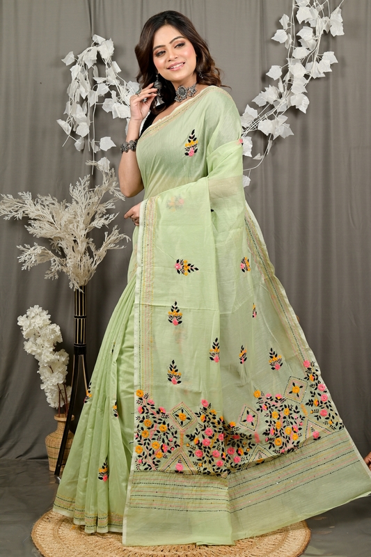 Lime Green Cotton Blend Dayki Kantha Stitch Saree (1902)