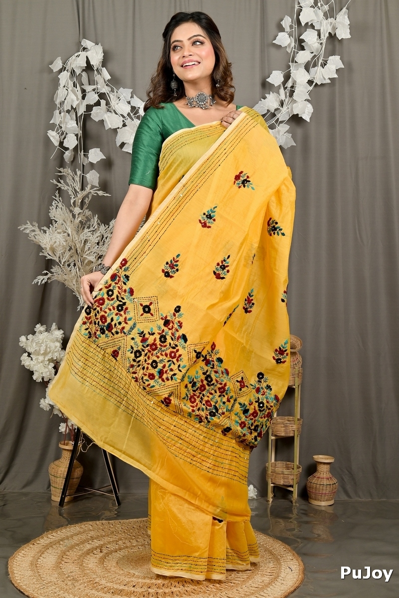 Yellow Cotton Blend Dayki Kantha Stitch Saree (1903)