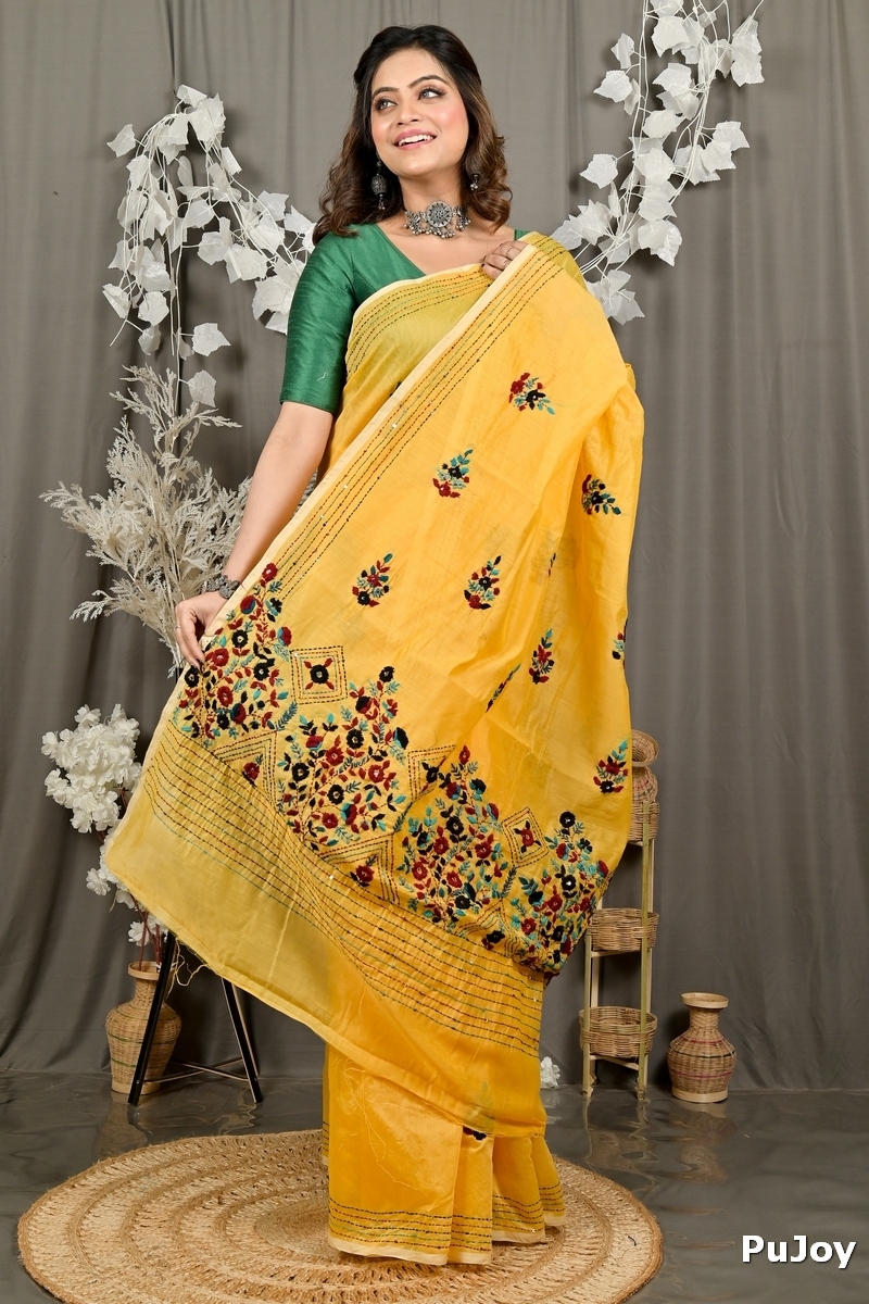 Yellow Cotton Blend Dayki Kantha Stitch Saree (1903)
