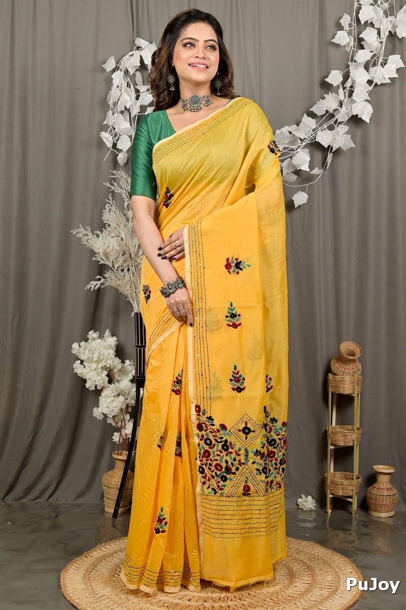 Yellow Cotton Blend Dayki Kantha Stitch Saree (1903)
