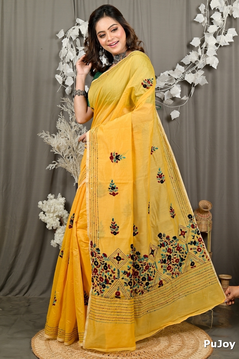 Yellow Cotton Blend Dayki Kantha Stitch Saree (1903)