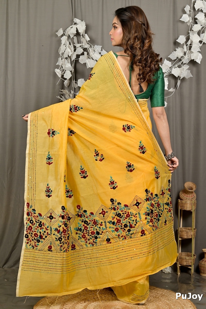 Yellow Cotton Blend Dayki Kantha Stitch Saree (1903)