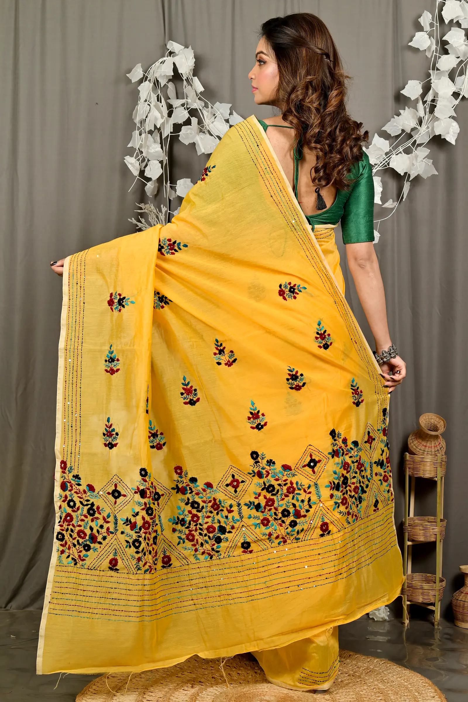 Yellow Cotton Blend Dayki Kantha Stitch Saree (1903)