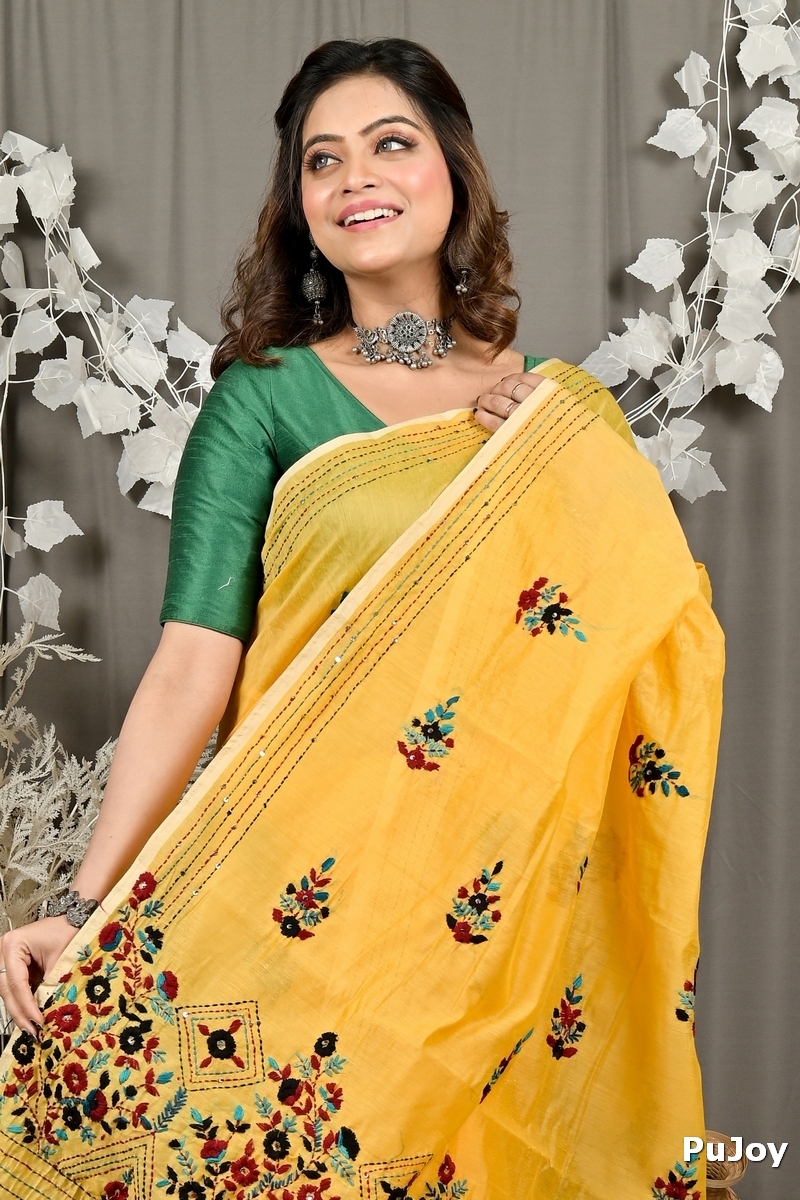 Yellow Cotton Blend Dayki Kantha Stitch Saree (1903)