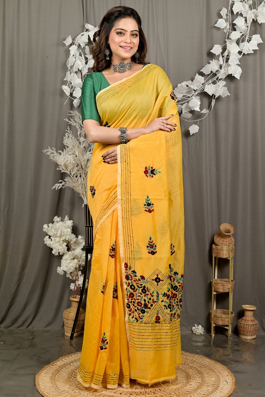 Yellow Cotton Blend Dayki Kantha Stitch Saree (1903)