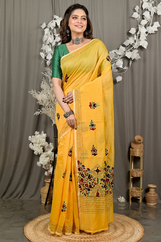 Yellow Cotton Blend Dayki Kantha Stitch Saree (1903)