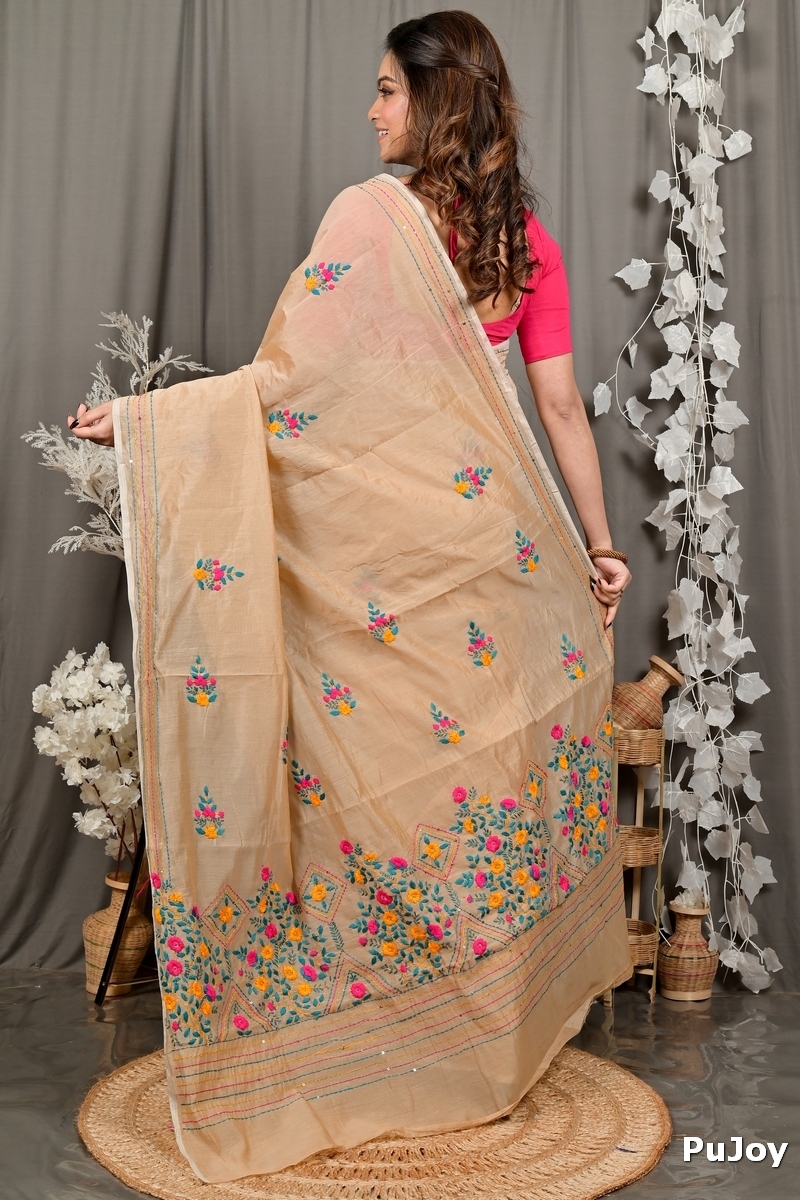 Light Brown Cotton Blend Dayki Kantha Stitch Saree (1904)