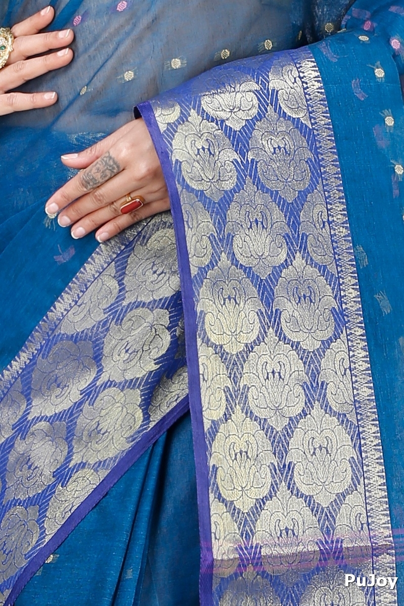 Night Blue Pure Cotton Asmani Tant Saree (195)