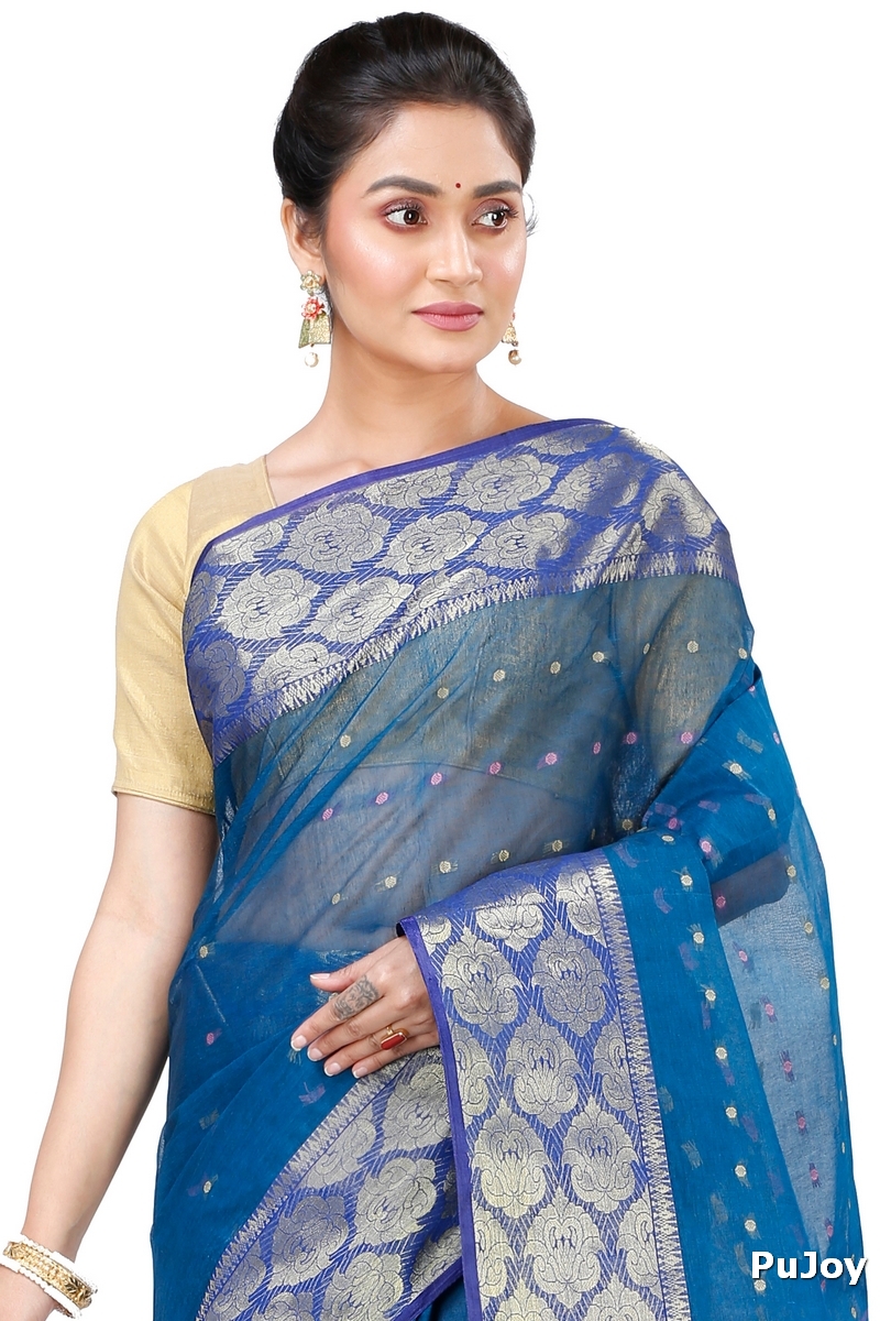 Night Blue Pure Cotton Asmani Tant Saree (195)