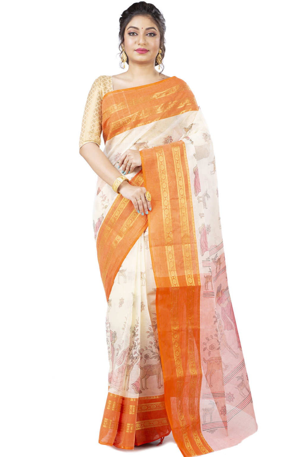 Orange Pure Cotton Sakuntala Tant Saree Print (1955)