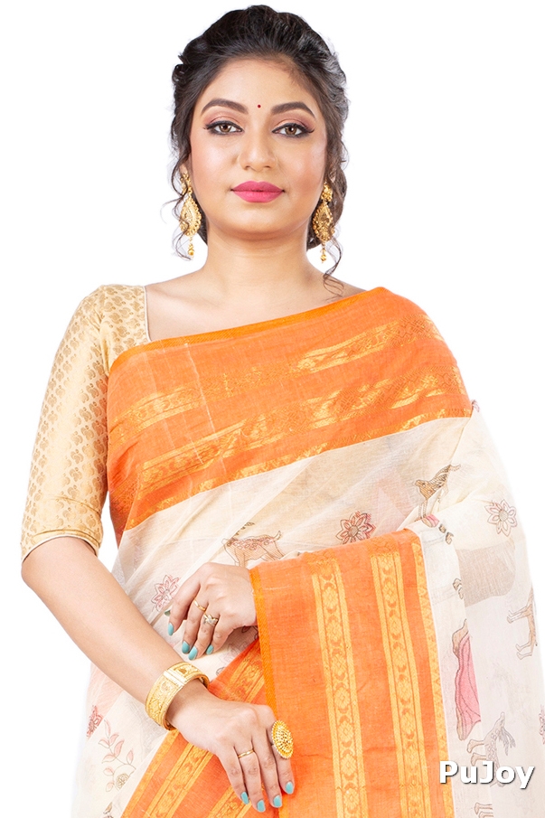 Orange Pure Cotton Sakuntala Tant Saree Print (1955)