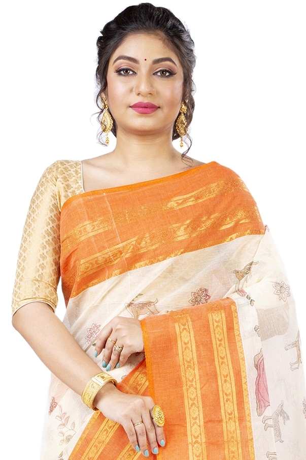 Orange Pure Cotton Sakuntala Tant Saree Print (1955)