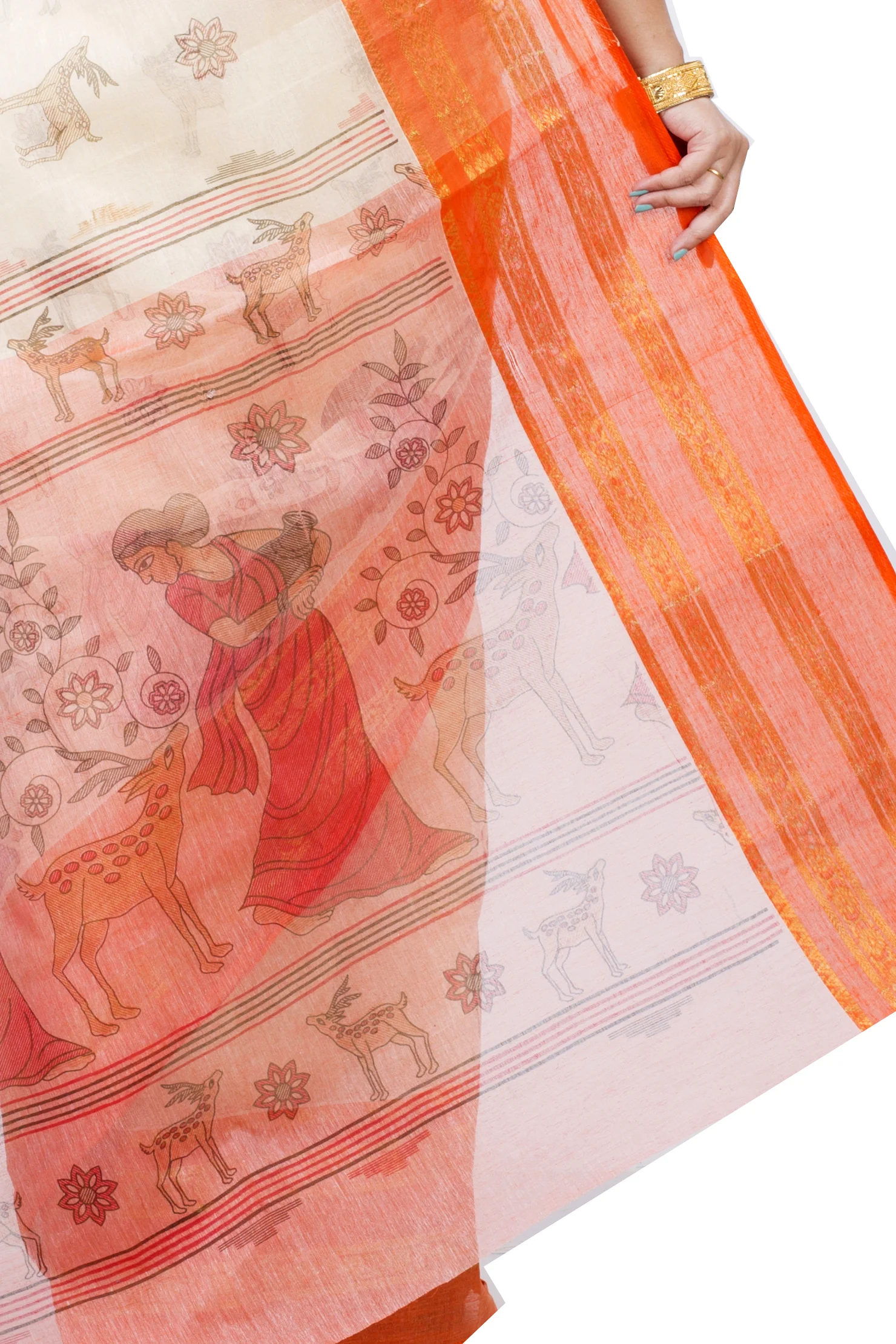 Orange Pure Cotton Sakuntala Tant Saree Print (1955)