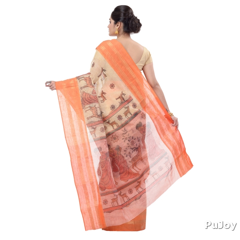 Orange Pure Cotton Sakuntala Tant Saree Print (1955)