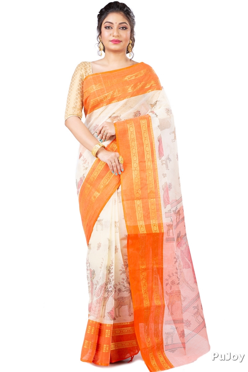 Orange Pure Cotton Sakuntala Tant Saree Print (1955)