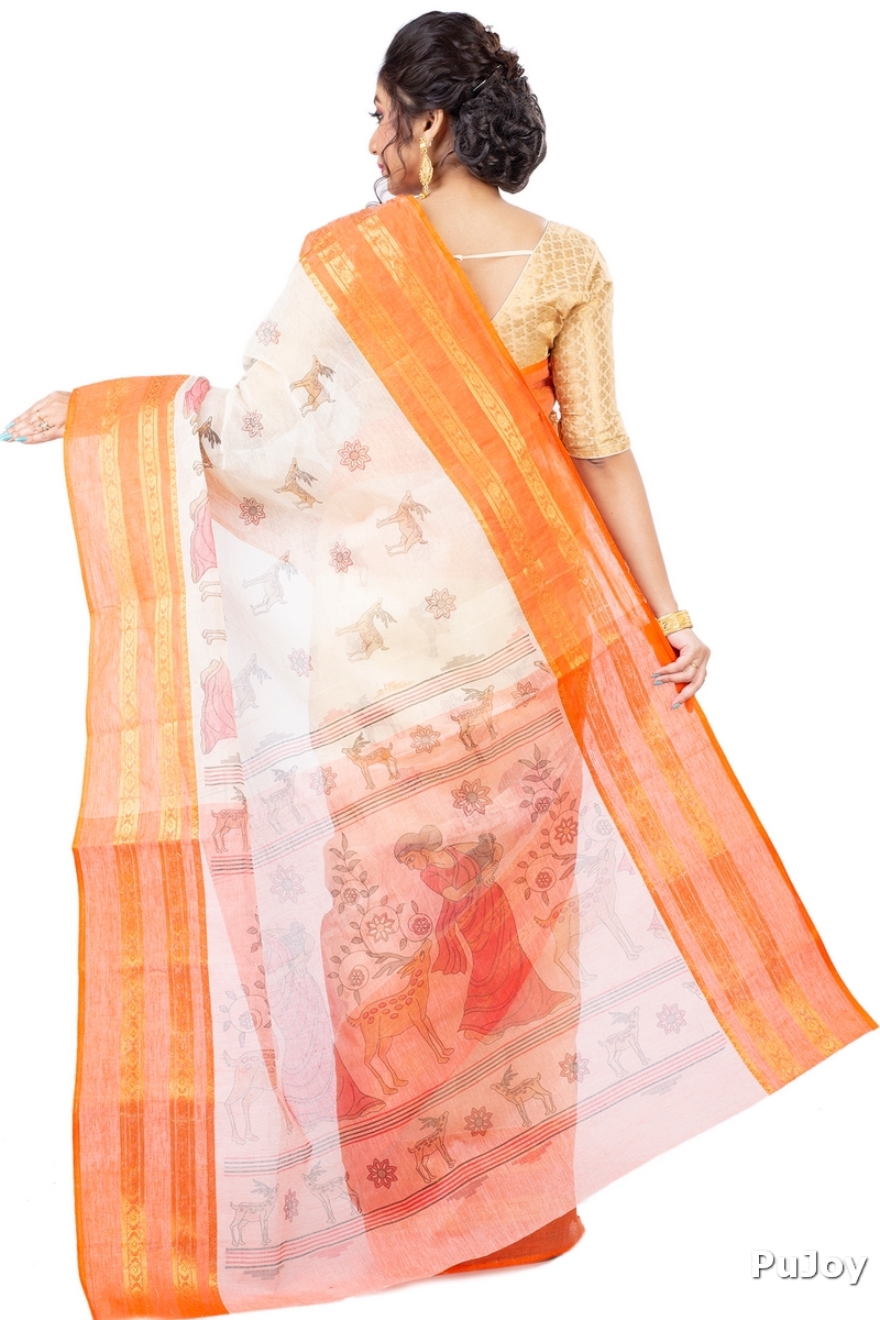 Orange Pure Cotton Sakuntala Tant Saree Print (1955)