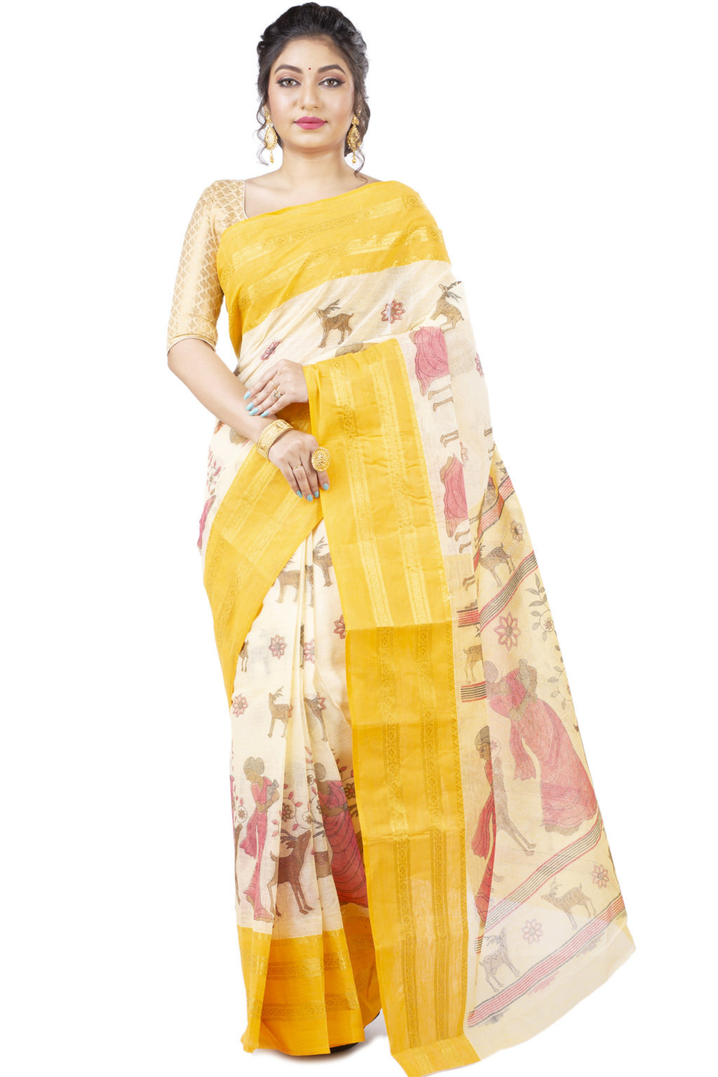 Yellow Pure Cotton Sakuntala Tant Saree Print (1956)
