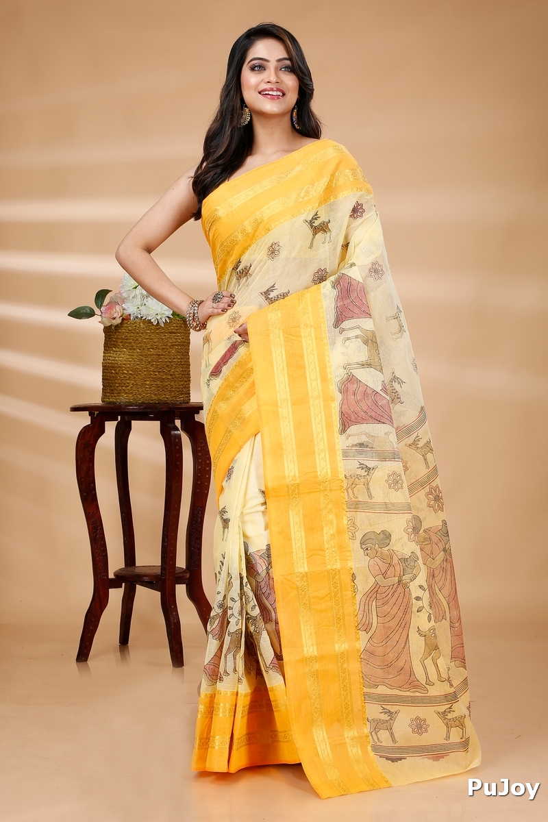 Yellow Pure Cotton Sakuntala Tant Saree Print (1956)