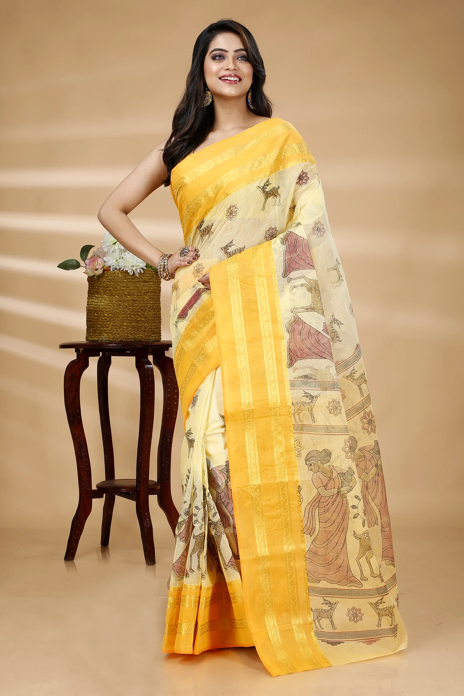 Yellow Pure Cotton Sakuntala Tant Saree Print (1956)