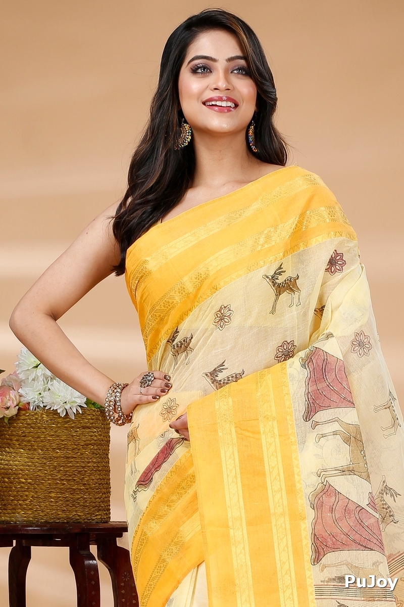 Yellow Pure Cotton Sakuntala Tant Saree Print (1956)