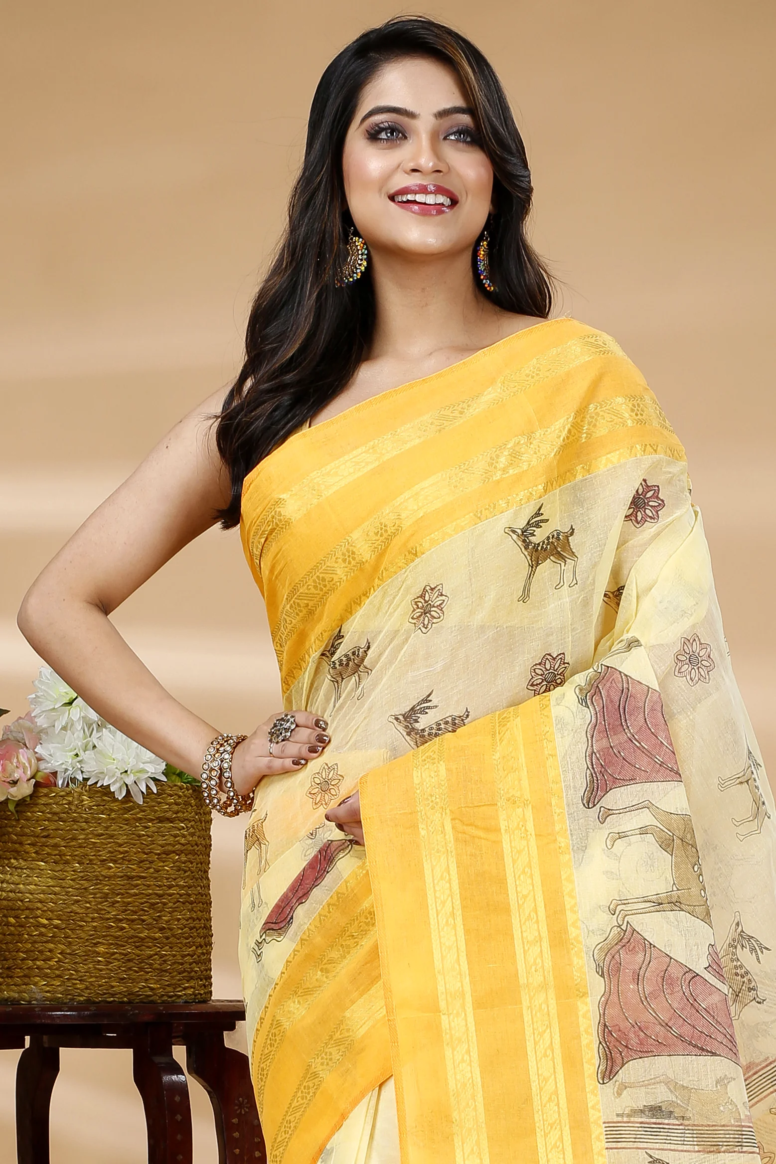Yellow Pure Cotton Sakuntala Tant Saree Print (1956)