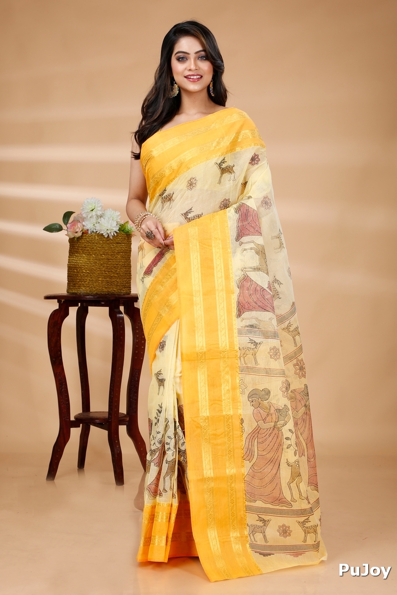 Yellow Pure Cotton Sakuntala Tant Saree Print (1956)