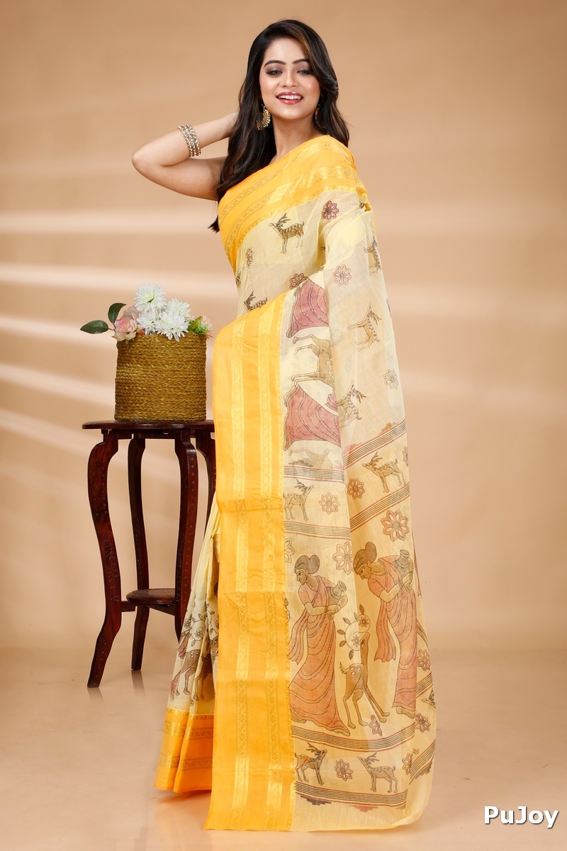 Yellow Pure Cotton Sakuntala Tant Saree Print (1956)