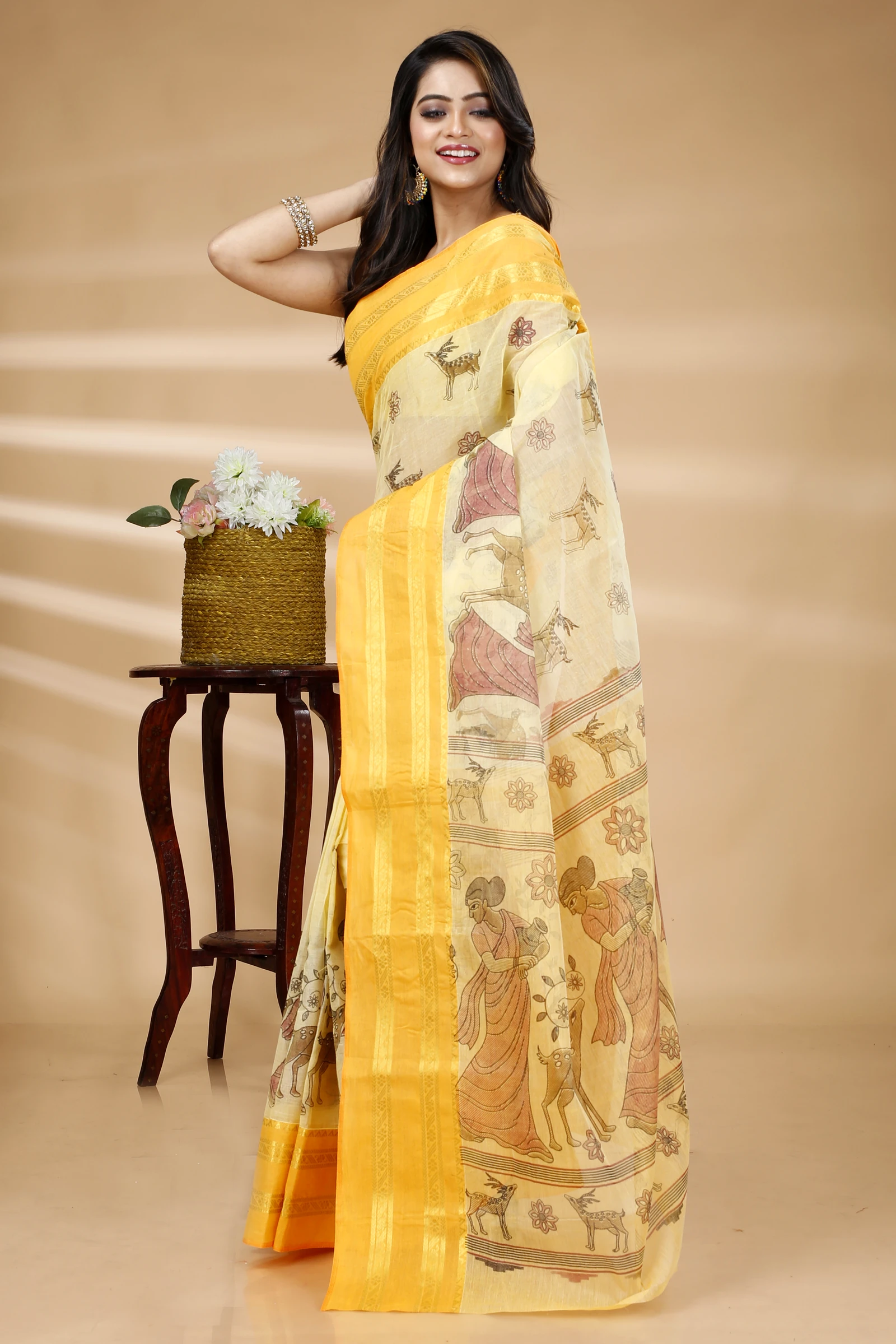 Yellow Pure Cotton Sakuntala Tant Saree Print (1956)