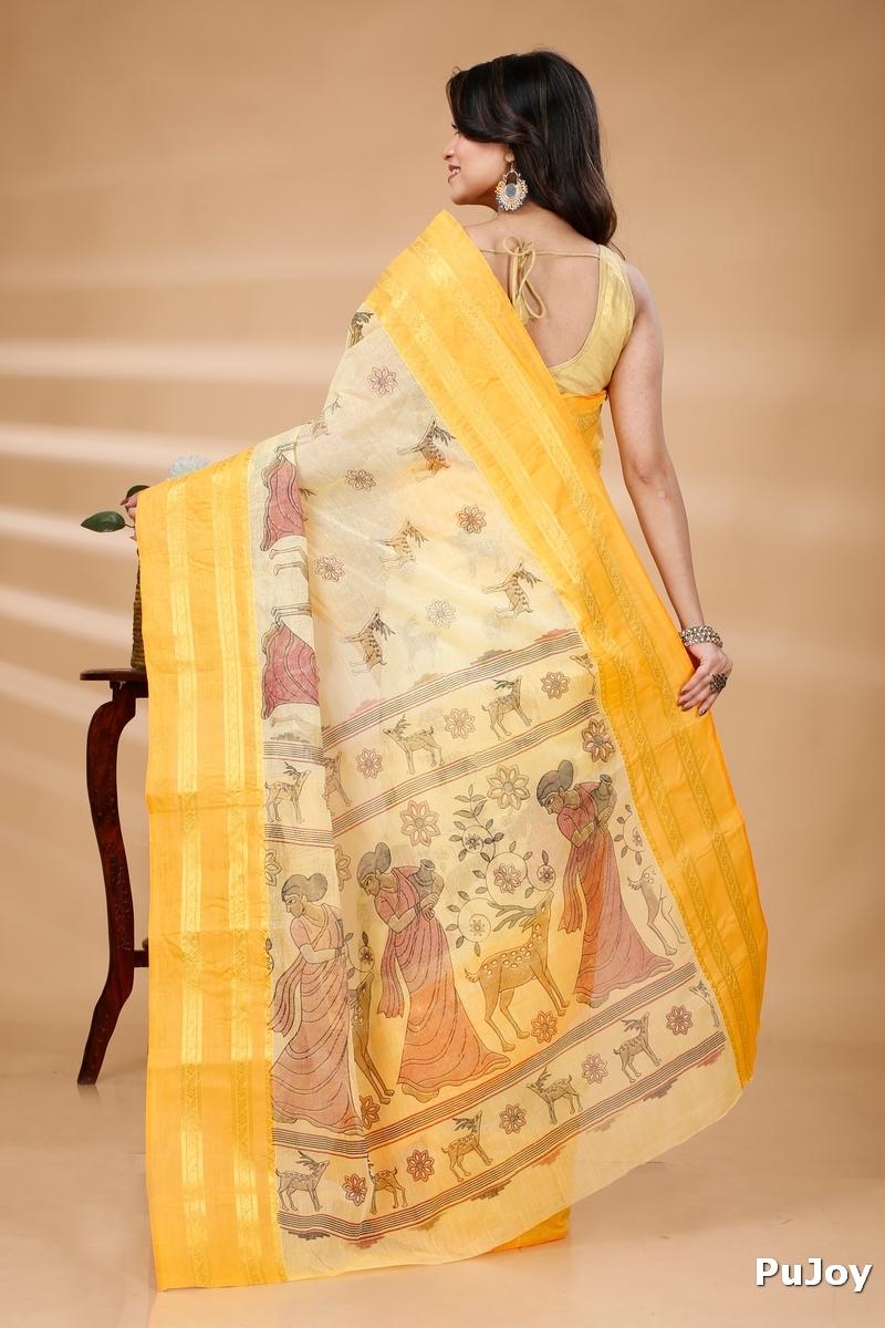 Yellow Pure Cotton Sakuntala Tant Saree Print (1956)