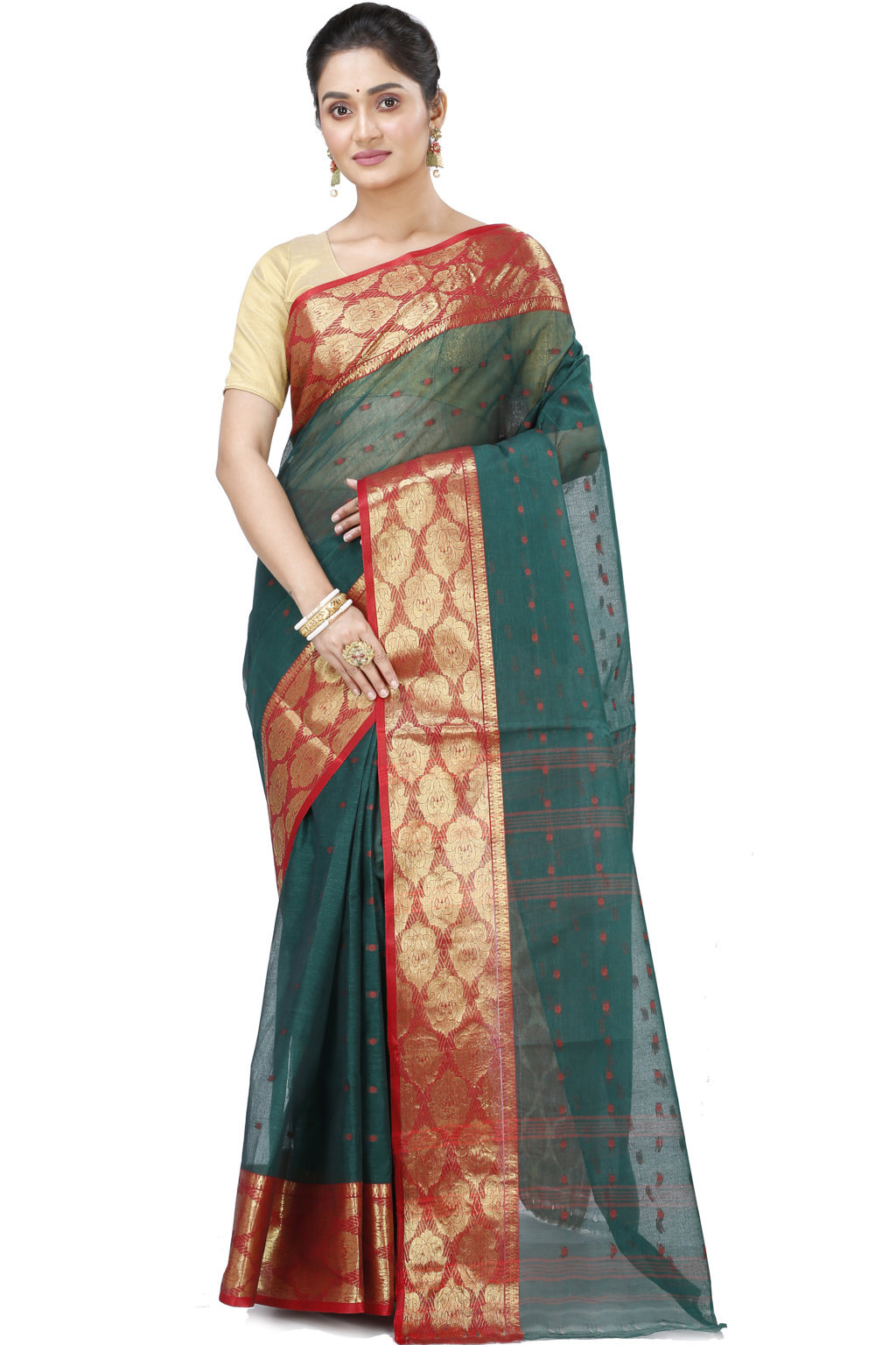 Dark Green Pure Cotton Asmani Tant Saree (196)