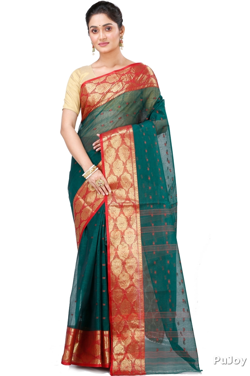 Dark Green Pure Cotton Asmani Tant Saree (196)