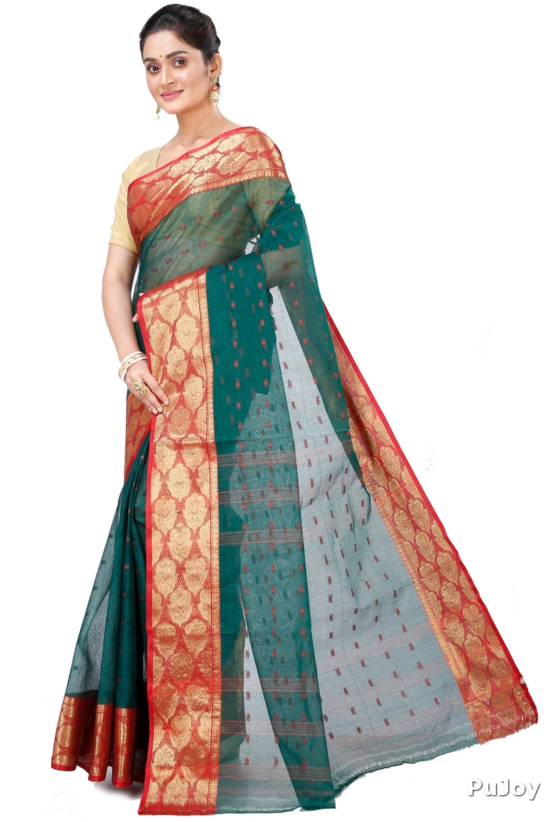 Dark Green Pure Cotton Asmani Tant Saree (196)