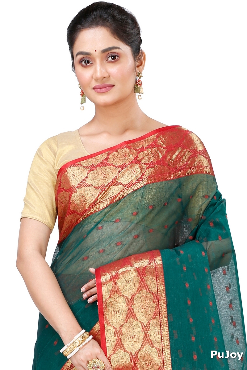 Dark Green Pure Cotton Asmani Tant Saree (196)