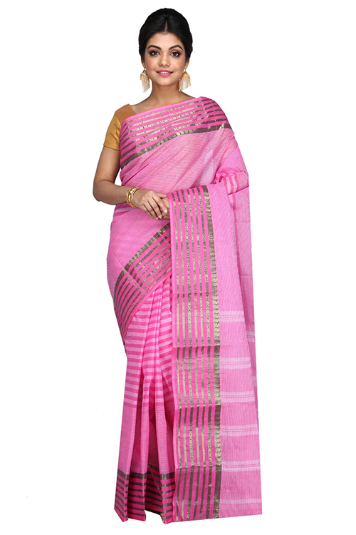 Pink Pure Cotton Zori Border Tant Saree (1963)
