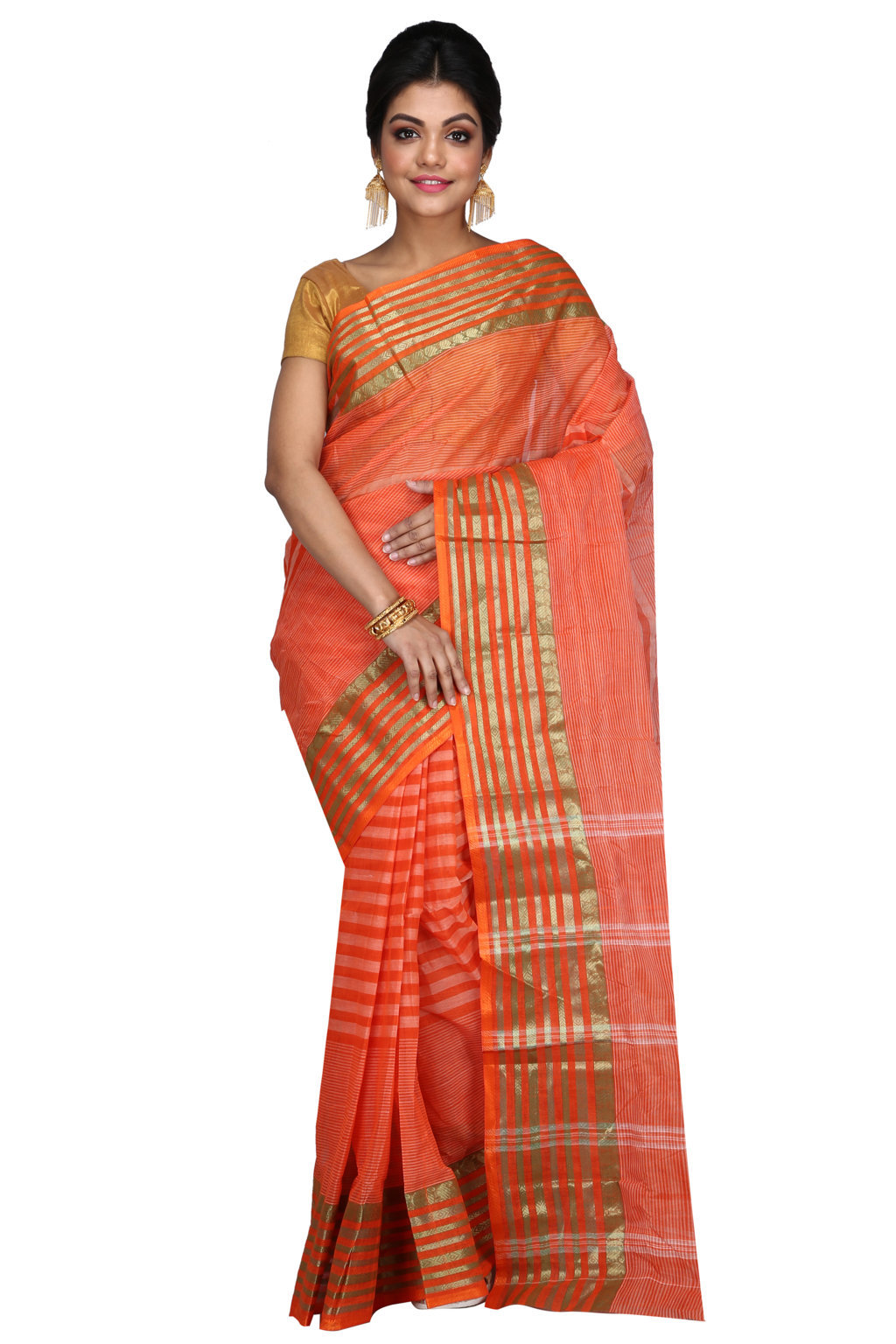 Orange Pure Cotton Zori Border Tant Saree (1966)