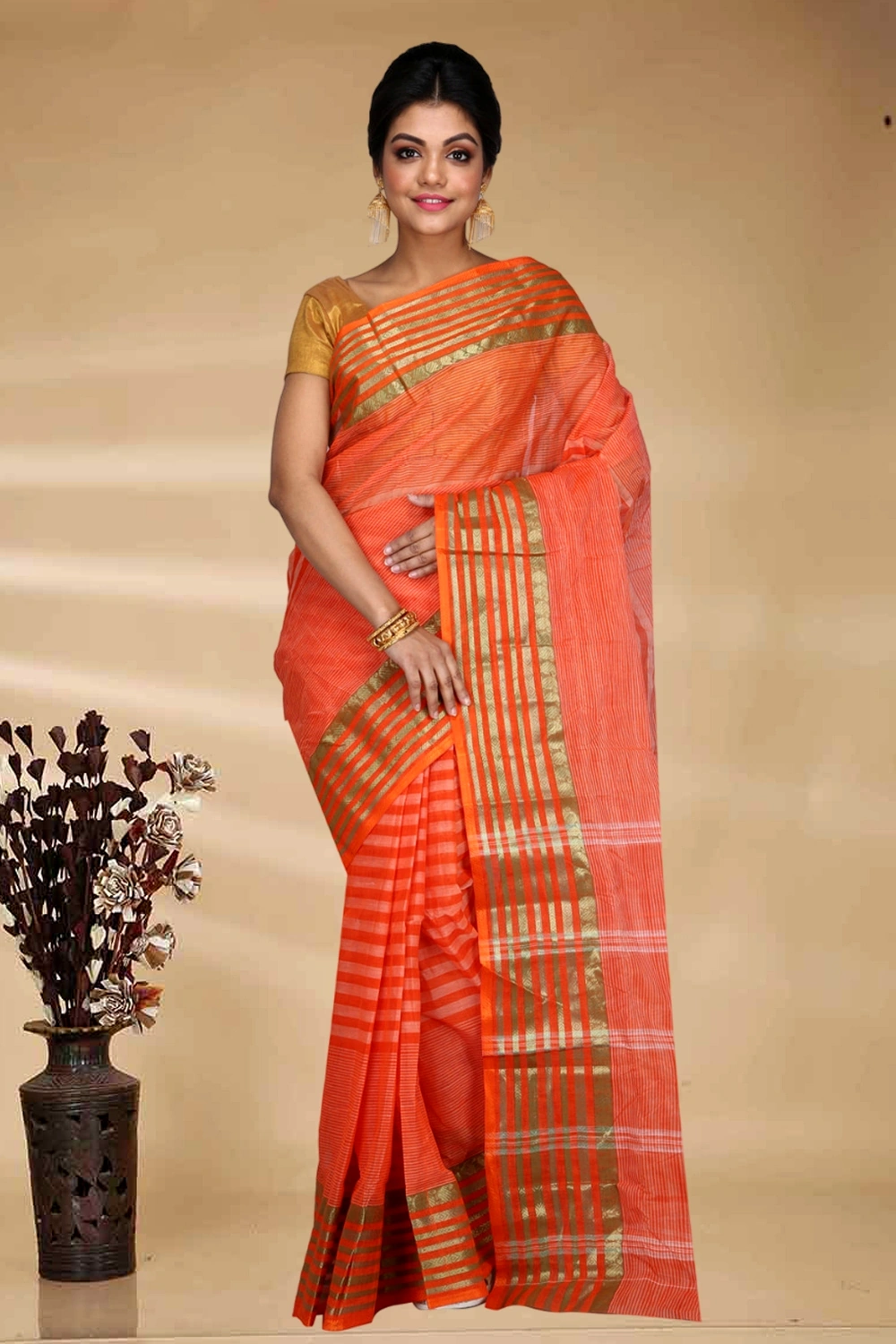 Orange Pure Cotton Zori Border Tant Saree (1966)