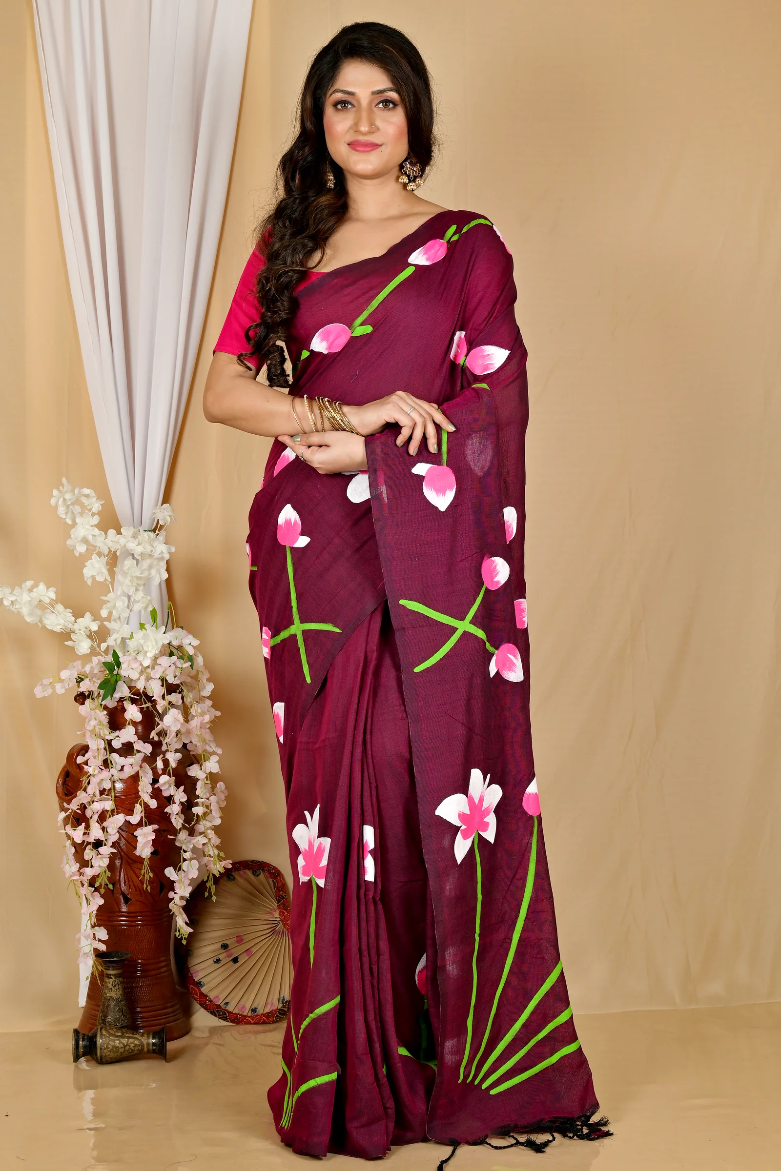Marun Pure Cotton Kamal Hand Painted Saree (1970)