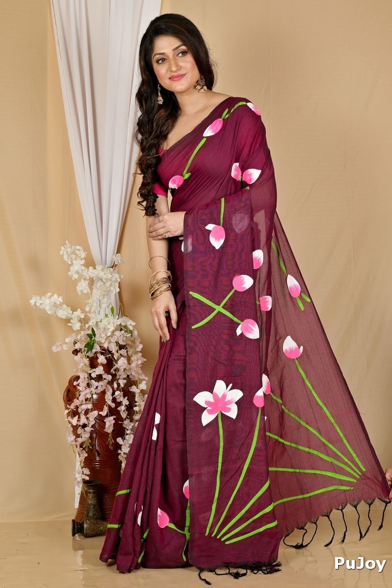 Marun Pure Cotton Kamal Hand Painted Saree (1970)