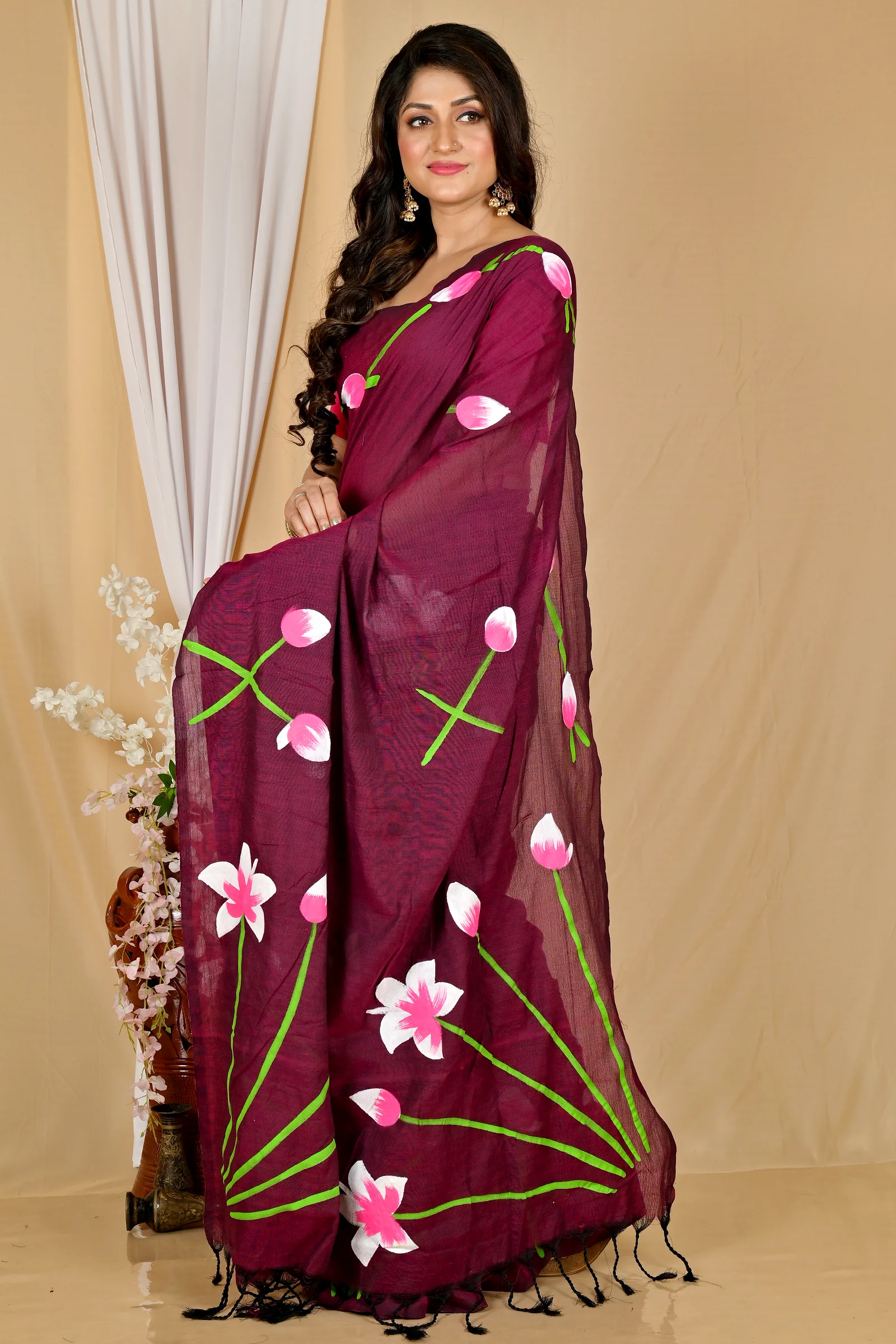 Marun Pure Cotton Kamal Hand Painted Saree (1970)