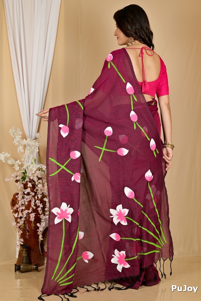 Marun Pure Cotton Kamal Hand Painted Saree (1970)