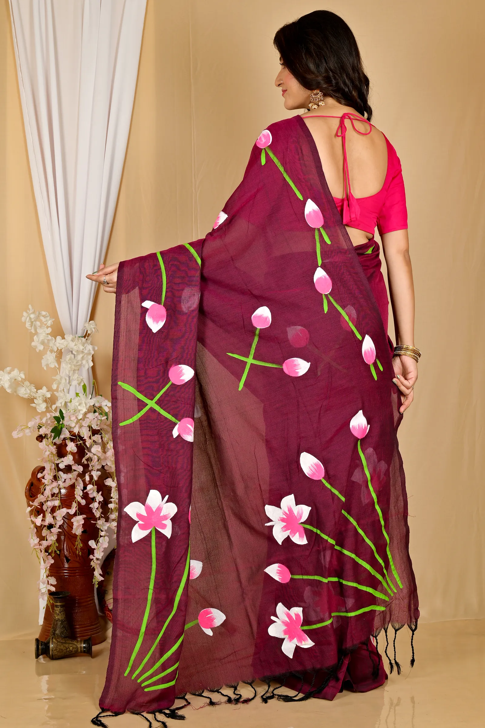 Marun Pure Cotton Kamal Hand Painted Saree (1970)